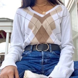 SOLD: White and Tan Plaid V-neck Sweater